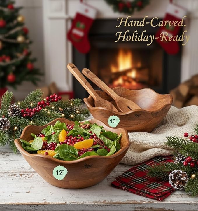 Melvvi Large Wooden Salad Bowl Set of 2 with 2 Serving Utensils | 10" &12 inch Extra Large Acacia Wood Serving Bowls | Great gift for mothers (Natural Set of 4)