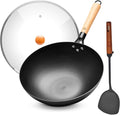 WANGYUANJI Carbon Steel Wok Pan - 12.6 Inch Flat Bottom Iron Wok, Woks & Stir-Fry Pans, Carbon Steel Pan for Induction Cookware and Gas Stoves
