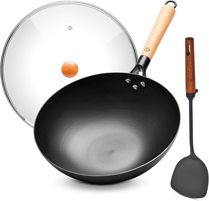 WANGYUANJI Carbon Steel Wok Pan - 12.6 Inch Flat Bottom Iron Wok, Woks & Stir-Fry Pans, Carbon Steel Pan for Induction Cookware and Gas Stoves