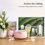 DOWAN Matcha Whisk Set, 7 Pcs Matcha Set Includes Bowl with Spout, Whisk and Holder, Bamboo Scoop and Holder, Sifter and Tea Towel - Matcha Kit Gift for Lovers Beginners (Pink)
