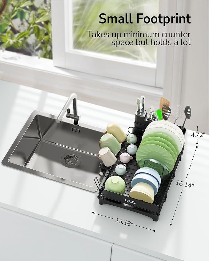 ULG Dish Drying Rack with Drainboard, Dish Rack for Kitchen Counter, Rustproof Dish Drainer with Detachable Utensil Holder, Adjustable Swivel Spout Dish Strainers, Black