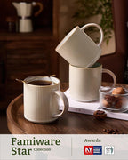 famiware Coffee Mug Set for 6, Star 16 oz Catering Mugs Cup Set with Handle for Coffee, Tea, Cocoa, Milk - Ceramic Stoneware Drinkware Set, Cappuccino White