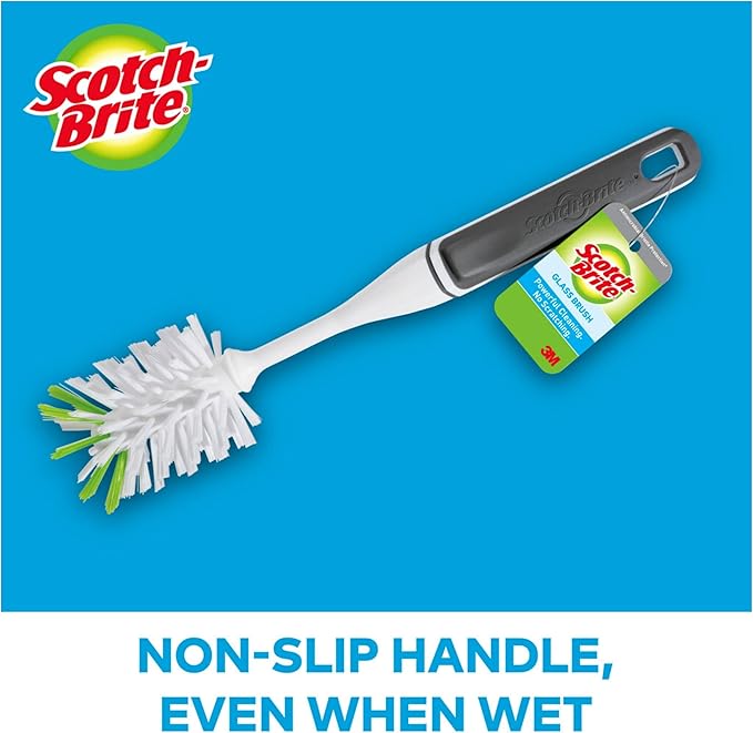 Scotch-Brite Glass and Water Bottle Brush, Long-Lasting, Safe on Glassware, Shaker Bottles, Food Processors, & More, Non-slip handle, Durable, Reusable, Clean in Top Rack of Your Dishwasher