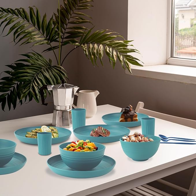 Wheat Straw Plates and Bowls Sets 28 PCS,Chip Resistant Dinnerware Sets for 4,Microwave Safe Dish Sets, Stackable and Lightweight Cup Set, Cutlery Set for Kitchen,Outdoor,Camping(Green)
