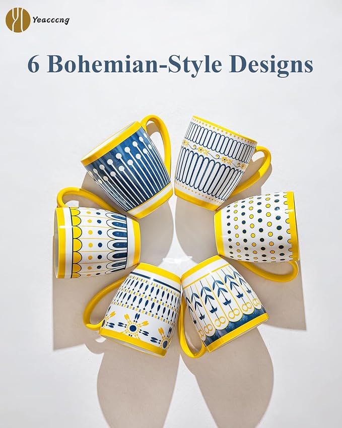 Yeacccng Bohemian Coffee Mugs Set of 6, 15 Oz Ceramic Latte Cappuccino Cups with Yellow Handle, Non-Slip Grip Sturdy Base, Dishwasher Microwave Oven Safe, Scratch-Resistant Boho Tea Mugs