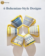 Yeacccng Bohemian Coffee Mugs Set of 6, 15 Oz Ceramic Latte Cappuccino Cups with Yellow Handle, Non-Slip Grip Sturdy Base, Dishwasher Microwave Oven Safe, Scratch-Resistant Boho Tea Mugs