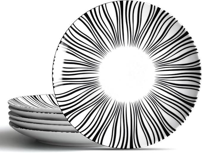 8" Black and White Striped Ceramic Plates Set of 6, Zebra Pattern Salad Plates Set, Minimalist Porcelain Dish Set, Microwave, Oven & Dishwasher Safe