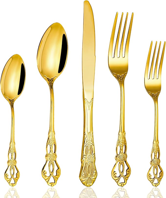 40 Pieces Gold Silverware Set for 8, Retro Royal Utensils Set Gold, Stainless Steel Flatware Dinnerware Set Including Forks Spoons and Knives Cutlery Set for Kitchen Wedding Party