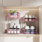 Delamu 2-Tier Under Sink Organizers and Storage, Multi-Purpose Stackable Bathroom Cabinet organizers, Pull Out Kitchen Pantry Organization and Storage with Dividers(2 Pack, Pink)