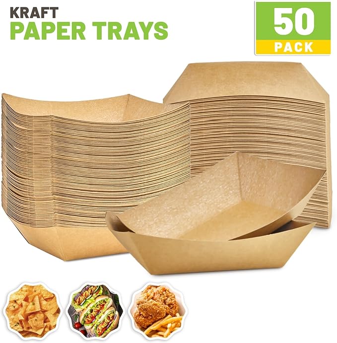 ZORRITA 3 Lb Paper Food Trays - 50 Pack Disposable Nacho Trays, Kraft Paper Food Boats Taco Holders Party Serving Baskets for Hot Dogs Snacks Tacos Fries