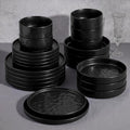 E-far 24-Piece Black Plates and Bowls Sets with Pasta Bowls - Stoneware Dinnerware Set for 6, Modern Ribbed Matte Black Kitchen Dishes, Microwave & Dishwasher Safe