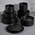 E-far 24-Piece Black Plates and Bowls Sets with Pasta Bowls - Stoneware Dinnerware Set for 6, Modern Ribbed Matte Black Kitchen Dishes, Microwave & Dishwasher Safe