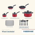 Farberware Cookstart DiamondMax Nonstick Cookware/Pots and Pans Set, Dishwasher Safe, Includes Baking Pan and Cooking Tools, 15 Piece - Red