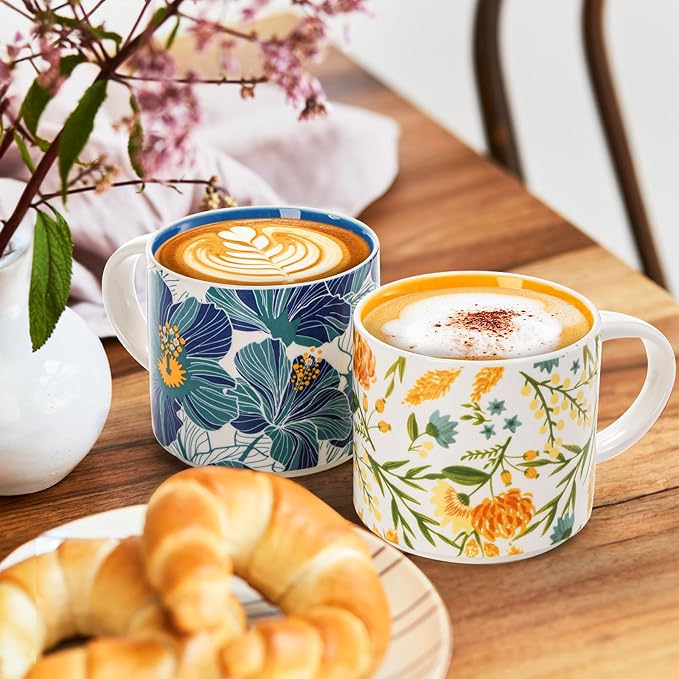 Frcctre Set of 4 Ceramic Coffee Mug Set, Large 15 Ounce Ceramic Tea Cup with Handle, Vintage Hand Painted Floral Porcelain Mug Colorful Restaurant Mug for Coffee, Tea, Milk, Hot Cocoa