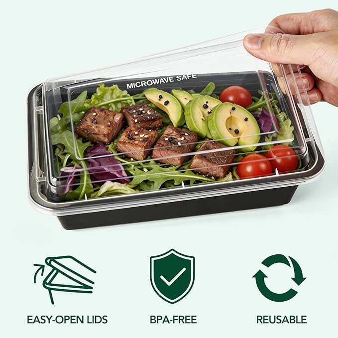 Glotoch Meal Prep Containers with Lids, Plastic food storage containers Reusable, 1-compartment BPA-free, Bento boxes for portion control & takeout, Microwave/freezer/dishwasher safe (50 pack, 32 oz)