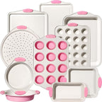 Kikcoin 22 PCS Nonstick Baking Pans Set, Stackable Bakeware Sets with Silicone Handles, 450°F Oven Safe Baking Sheet Set, Easy Release Cookie Sheets for Baking, Pink