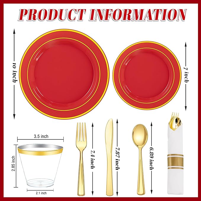 WDF Partyware 175 Pieces Red Plastic Plates with Gold Rim Include Dinner Plate 10" Dessert Plate 7" gold Cups 9 OZ, Pre Rolled Napkins 25 of each type for Wedding/Spring/Birthday/Mother's Day