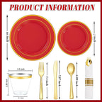 WDF Partyware 175 Pieces Red Plastic Plates with Gold Rim Include Dinner Plate 10" Dessert Plate 7" gold Cups 9 OZ, Pre Rolled Napkins 25 of each type for Wedding/Spring/Birthday/Mother's Day