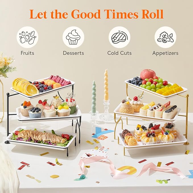 Lifewit 3 Tier Serving Tray, 30 x 17 cm/12 x 6.5 White Plastic Tiered Food Serving Platters, Rotating Tiered Tray Stand for Party with Black Collapsible Metal Stand, Dessert Table Stands for Cookies
