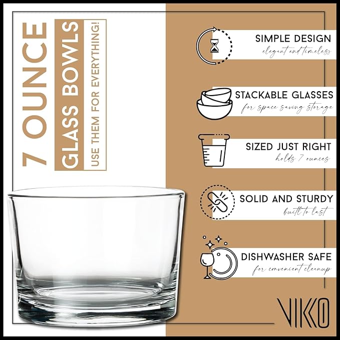 Vikko Small Glass Bowls, 7 Ounce Glass Dessert Cups, Set of 12 Dessert Bowls, Parfait Glasses, Stackable Bodega Glasses, Tasting Glasses, Custard Cups, Short Glasses - 3.2" x 2.2”