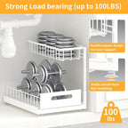 Saydear Under Sink Organizer Storage 2-Tier Premium Metal Pull-Out Kitchen Cabinet Organizer with Sliding Drawer, Height Adjustable, Heavy Duty for Kitchen & Bathroom Organizers 2 Pack White