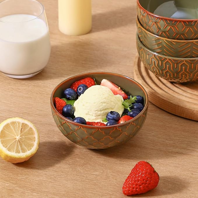 Sureasy 12oz Ceramic Ice Cream Bowls, 4.6 Inch Embossed Dessert Bowls, Small Bowls for Snack, Sauce, Fruits, Microwave and Dishwasher Safe, Set of 4, Green