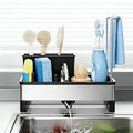 304 Stainless Steel Sink Caddy with Auto-Drain, Rustproof Kitchen Sink Organizer, Sponge Holder with Removable Brush & Towel Rack, Countertop Storage for Soap Dispenser, Kitchen Accessories, Black