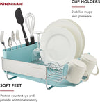 KitchenAid Compact Space Saving Rust Resistant Dish Rack with Removable Flatware Caddy and Angled Self Draining Drainboard, 12.63 x 15.87 x 5.54 Inch, Mineral Water