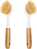 2 Pack Kitchen Dish Brush Bamboo Handle Dish Scrubber Built-in Scraper, Scrub Brush for Pans, Pots, Kitchen Sink Cleaning, Dishwashing and Cleaning Brushes are Perfect Cleaning Tools, White