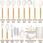 Umite Chef Kitchen Cooking Utensils Set, 33 pcs Non-stick Silicone Cooking Kitchen Utensils Spatula Set with Holder, Wooden Handle Silicone Kitchen Gadgets Utensil Set (Cream White)