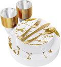 JOLLY PARTY 180PCS Disposable Dinnerware Set 30 Guest, 60 White and Gold Plastic Plates, 30 Plastic Silverware, 30 Cups, Marble Design Disposable Dinnerware for Wedding, Thanksgiving and Parties