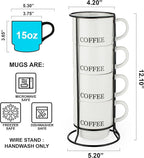 Signature Housewares Stackable Coffee Mug Tower Set with Metal Wire Rack - 15 Ounce Coffee Mugs for Coffee, Tea, Cocoa, Milk, Cappuccino, Hot Chocolate Set of 4 - White Coffee