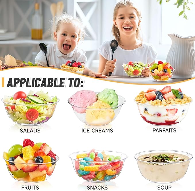Qeirudu 12 oz Small Clear Plastic Bowls, 50 Pack Disposable Hard Plastic Party Serving Bowls for Salads, Ice Creams, Fruit, Desserts, Parfaits, Snacks