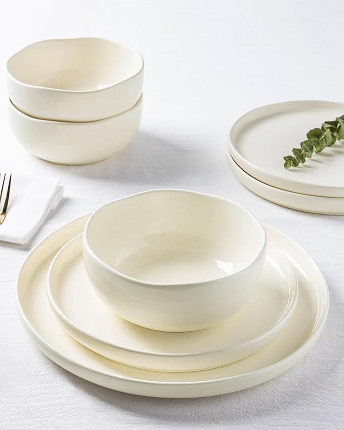 TheTerra Ceramic Dinnerware Sets for 4, 12 Pieces Porcelain Lightweight Plates and Bowls Sets, Scratch Resistant Dish Set, Oven & Microwave & Dishwasher Safe, Ivory Speckled