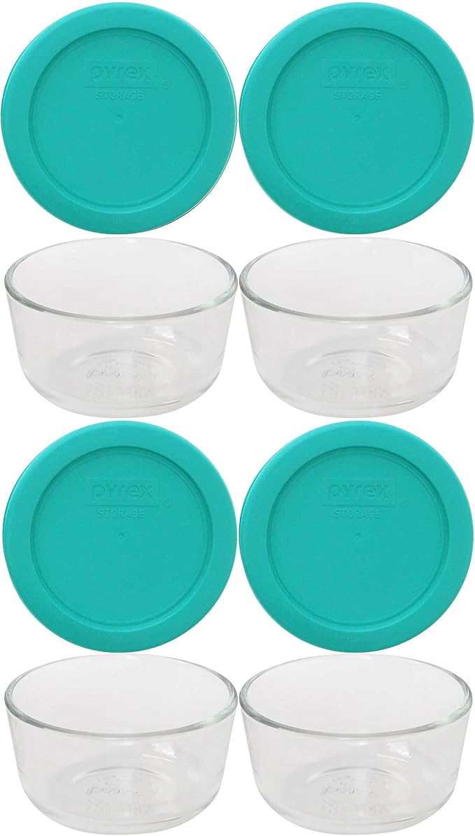 Pyrex 7202 1-Cup Glass Bowls & 7202-PC Turquoise Lids (4-Pack) - Made in USA