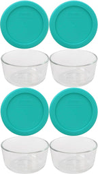 Pyrex 7202 1-Cup Glass Bowls & 7202-PC Turquoise Lids (4-Pack) - Made in USA