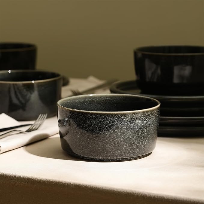 Stone Lain Eden 24-Piece Dinnerware Set Stoneware, Plates and Bowls Set, Dishwasher and Microwave Safe Dish, Dish Set for 8, Charcoal Grey