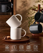 famiware Coffee Mug Set for 6, Star 16 oz Catering Mugs Cup Set with Handle for Coffee, Tea, Cocoa, Milk - Ceramic Stoneware Drinkware Set, Matte White + Matte Black