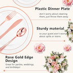 GATHER 350PCS Rose Gold Plastic Plates - Disposable Rose Gold Dinnerware Includes 100 Clear Rose Golds Rimmed Plastic Plates, 150 Silverware, 50 Napkins, 50 Cups for Party, Wedding, Mother's Day