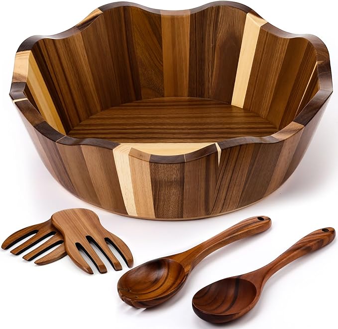 LemonRoad Wooden Salad Bowls Set 12 inch Wavy Large Acacia Wood Serving Bowl with 2 Wooden Hands 2 Utensils Fork Spoon for Fruit, Salad, Cereal, Corn flake, Pasta, Food(Irregular Shaped)