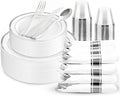 WDF Partyware 175PCS Sliver Plastic Plates - Silver Plates Disposable - White Plate with Silver Trim 25Guests Plastic Dinnerware Sets with Rolled Napkins for Wedding Baby Shower Spring Birthday