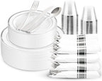 WDF Partyware 175PCS Sliver Plastic Plates - Silver Plates Disposable - White Plate with Silver Trim 25Guests Plastic Dinnerware Sets with Rolled Napkins for Wedding Baby Shower Spring Birthday