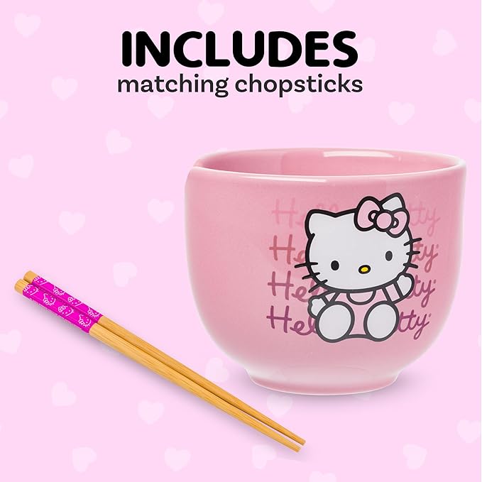 Silver Buffalo Sanrio Hello Kitty Waving Pink Ceramic Ramen Noodle Rice Bowl with Chopsticks, Microwave Safe, 20 Ounces,