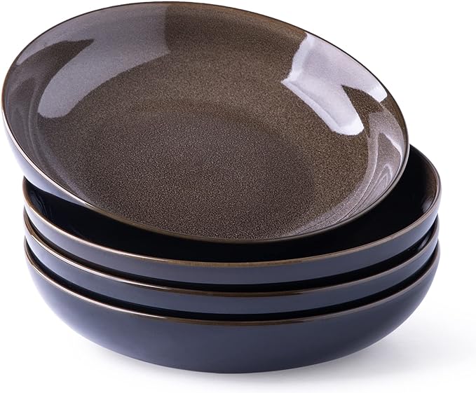 LERATIO Pasta Bowls,Ceramic 38oz Pasta Bowls,9.0" Reactive Glaze Pasta Bowl Set of 4,Microwave & Dishwasher,Oven Safe,Large Wide Serving Bowls for Salad, Dessert, Pizza,Scratch Resistant-Chestnut
