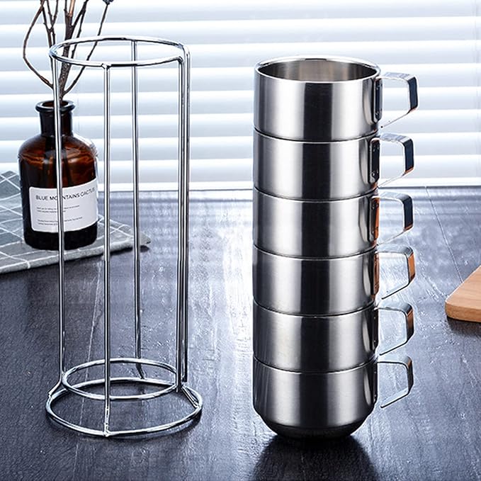 SZCXTOP 6.8 Oz Stainless Steel Coffee Cups Set of 6 Mug,Stackable Double Heat Insulation Metal Coffee Mugs with Stand Rack,Perfect for Cold Drinks or Hot Drink (6)