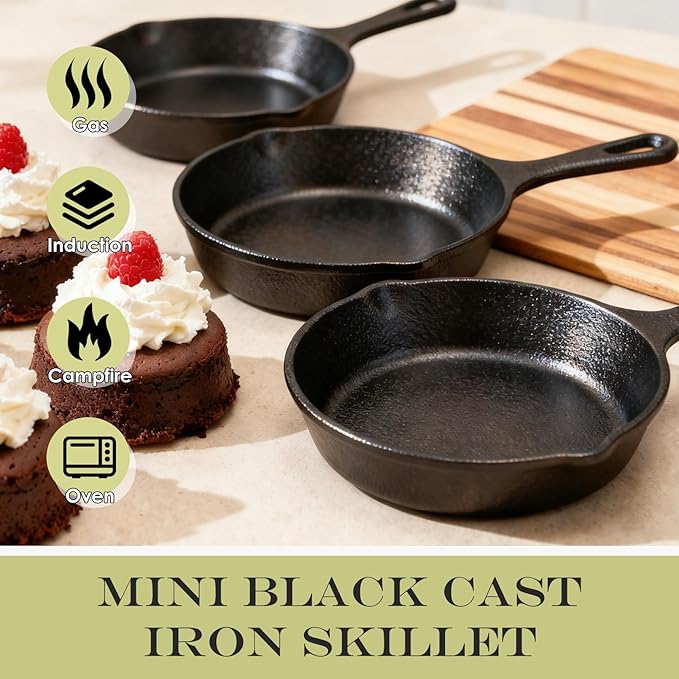 4 Inch Mini Cast Iron Skillet Set with Silicone Mitt, Small Frying Pan with Handle, Pre Seasoned Mini Skillets for Camping, Kitchen Cooking, Indoor and Outdoor (Black)