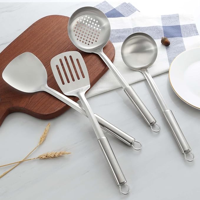 Pleafind Cooking Utensils Set - 4 Pcs Stainless Steel Kitchen Utensils, Wok Utensils Set Include Wok Ladle, Wok Spatula, Slotted Spoon and Slotted Spatula, Dishwasher Safe