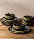 TheTerra Ceramic Dinnerware Sets for 6, 18 Pieces Handmade Reactive Glaze Plates and Bowls Set, Scratch Resistant Dish Set, Oven & Microwave & Dishwasher Safe, Olive Green