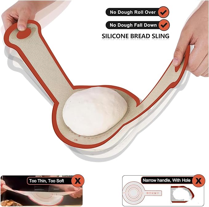 Silicone Bread Sling, 2Pcs Silicone Baking Sling with Longer Handles, Non-Stick & Easy Clean Dutch Oven Baking Mat to Transfer SourDough Easily, Reusable Bread Mat Set