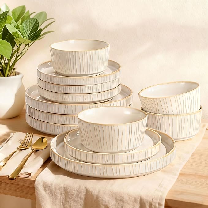 Reactive Glaze Ceramic Plates and Bowls Sets for 4, Stoneware Dinnerware Sets, Housewarming Gifts, Chip Resistant Microwave Dishwasher Safe, 12 Pcs Dish Set White